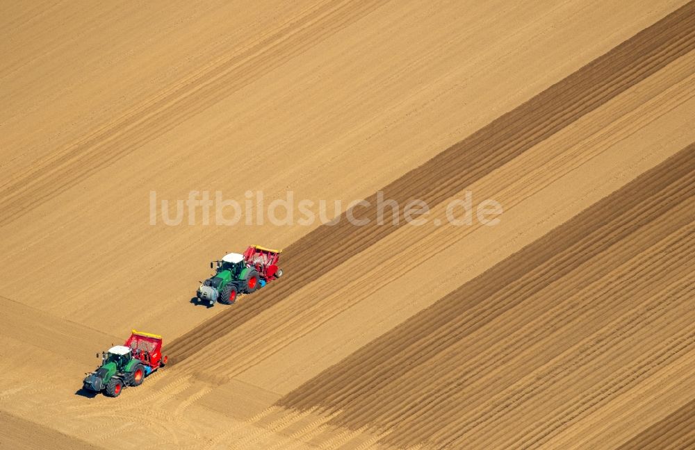 Linnich von oben - Strukturen beim Eggen und Sähen auf landwirtschaftlichen Feldern in Linnich im Bundesland Nordrhein-Westfalen