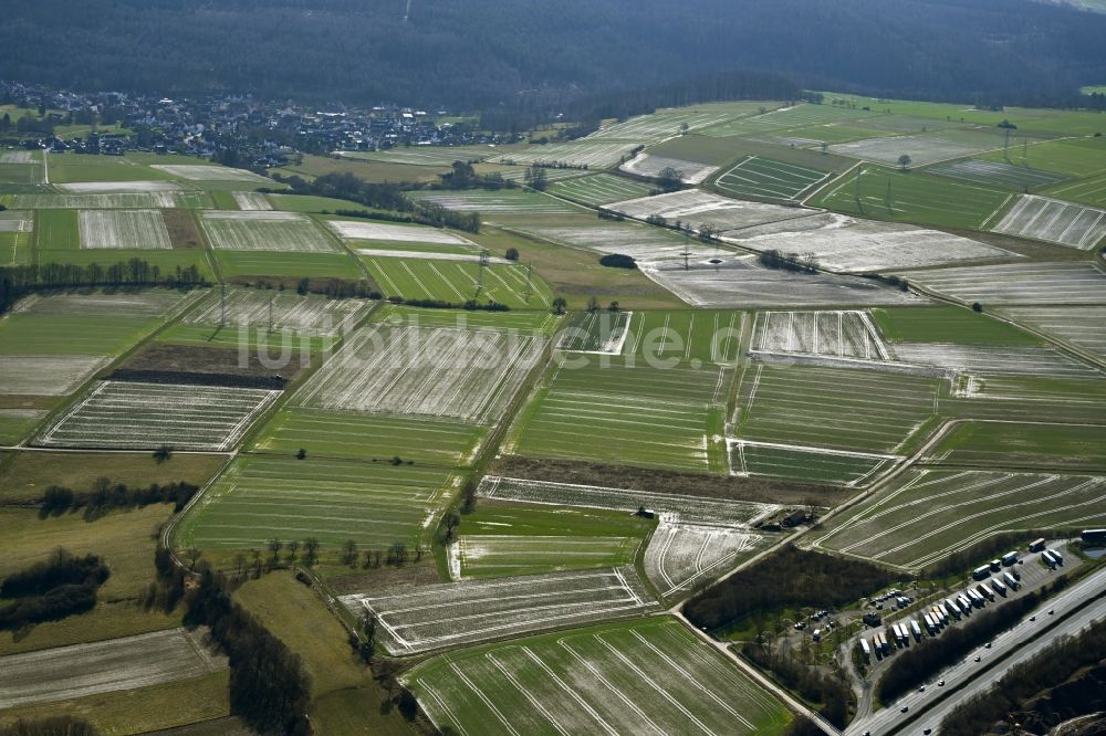 Benterode von oben - Strukturen auf landwirtschaftlichen Feldern in Benterode im Bundesland Niedersachsen, Deutschland