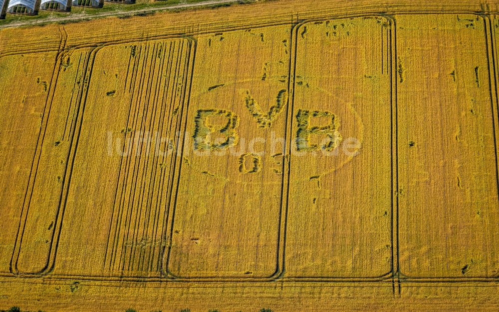 Luftaufnahme Grevel - Strukturen auf landwirtschaftlichen Feldern mit BVB-Wappen in Grevel im Bundesland Nordrhein-Westfalen, Deutschland