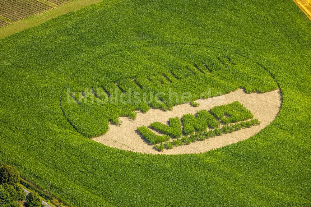 Luftaufnahme Dortmund - Strukturen auf landwirtschaftlichen Feldern in Form des LVM Versicherung Logo in Dortmund im Bundesland Nordrhein-Westfalen, Deutschland