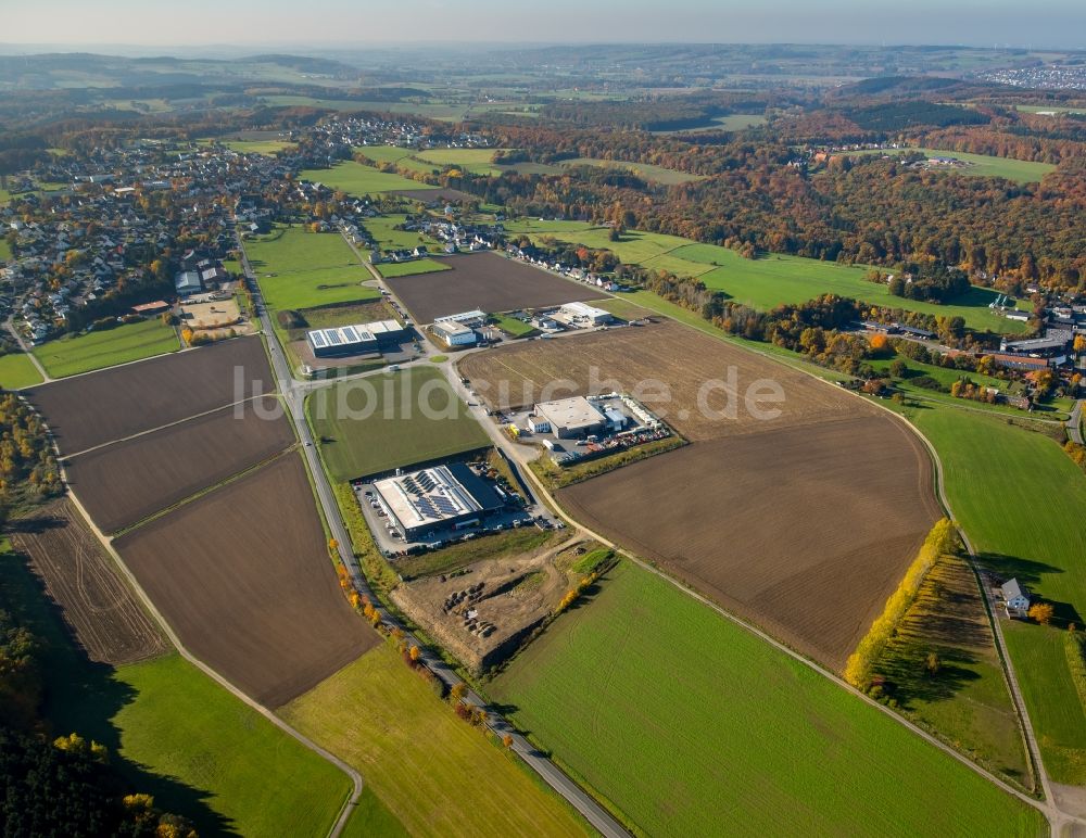 Luftaufnahme Arnsberg - Neheim - Strukturen auf landwirtschaftlichen Feldern auf dem Industrie- und Gewerbegebiet in der Voßwinkeler Straße in Arnsberg im Bundesland Nordrhein-Westfalen