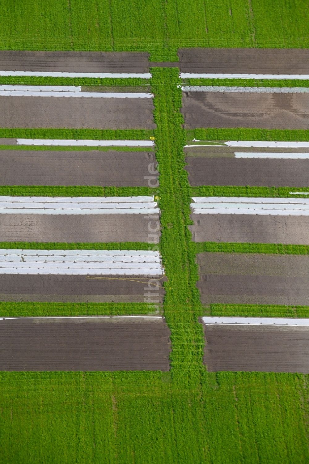 Luftaufnahme Nauen - Strukturen auf landwirtschaftlichen Feldern einer Versuchsanlage in Nauen im Bundesland Brandenburg, Deutschland