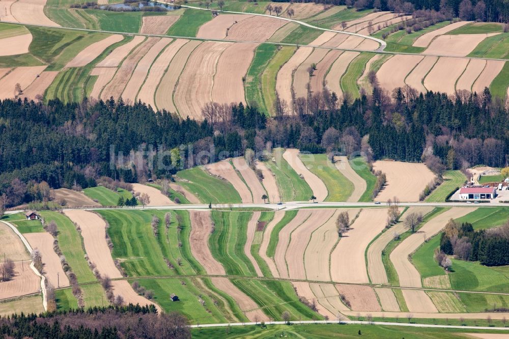 Weitra aus der Vogelperspektive: Strukturen auf landwirtschaftlichen Feldern in Weitra in Niederösterreich, Österreich