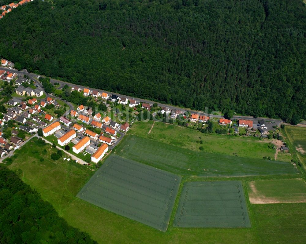 Hann. Münden aus der Vogelperspektive: Strukturen auf landwirtschaftlichen Feldern am Wiershäuser Weg in Hann. Münden im Bundesland Niedersachsen, Deutschland