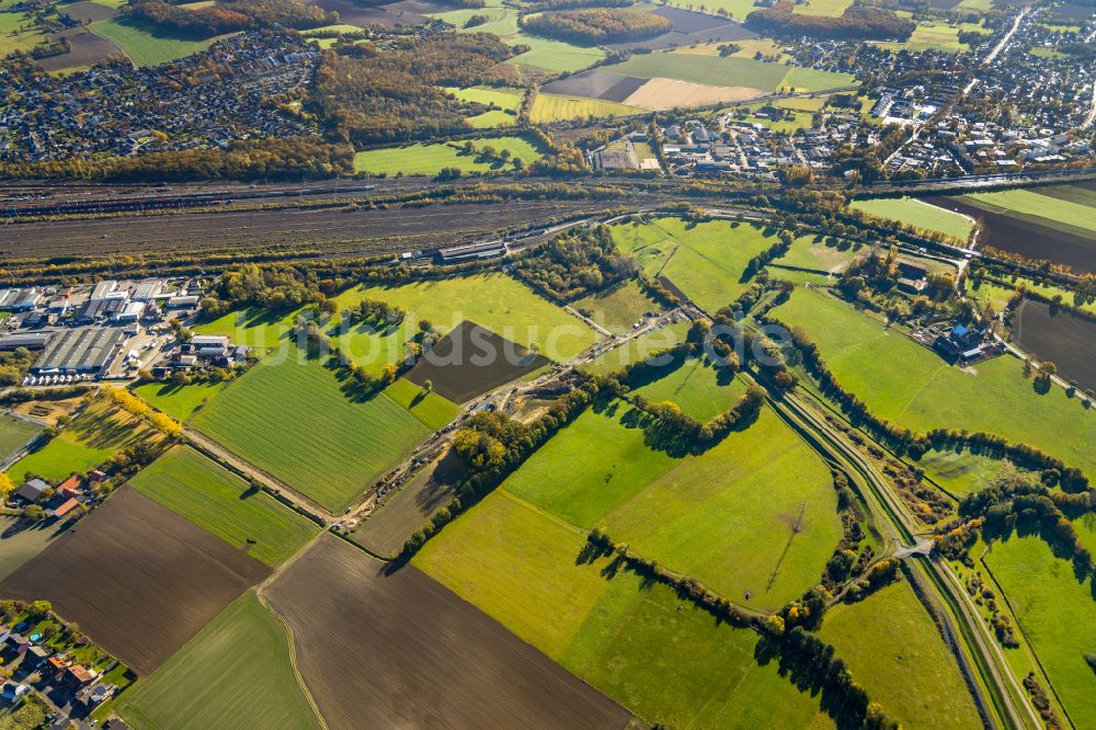 Wiescherhöfen aus der Vogelperspektive: Strukturen auf landwirtschaftlichen Feldern in Wiescherhöfen im Bundesland Nordrhein-Westfalen, Deutschland