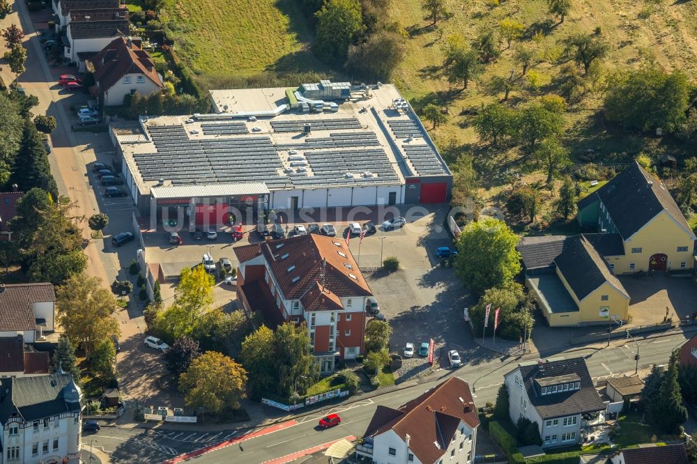 Luftaufnahme Unna - Supermarkt Rewe Engel Unna Massen am Massener Hellweg in Unna im Bundesland Nordrhein-Westfalen, Deutschland