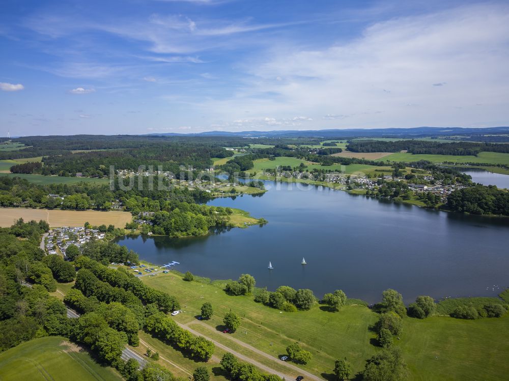 Pöhl von oben - Talsperre Pöhl und Stausee in Pöhl im Bundesland Sachsen