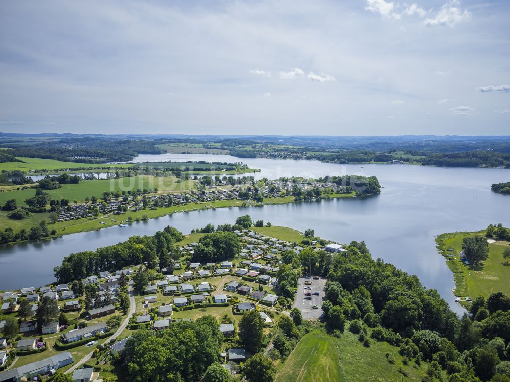 Pöhl aus der Vogelperspektive: Talsperre Pöhl und Stausee in Pöhl im Bundesland Sachsen