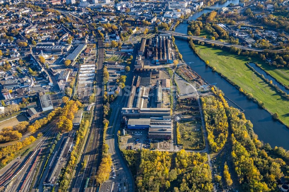 Mülheim an der Ruhr von oben - Technische Anlagen und Produktionshallen des Stahlwerkes Friedrich Wilhelms-Hütte Stahlguss GmbH in Mülheim an der Ruhr im Bundesland Nordrhein-Westfalen, Deutschland