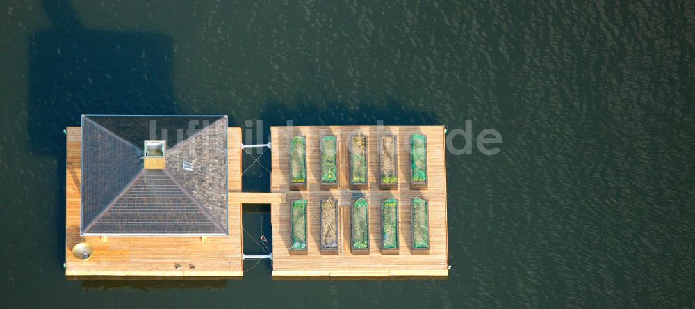 Essen von oben - Teehaus mit Gemüsegarten auf dem Baldeneysee in Essen