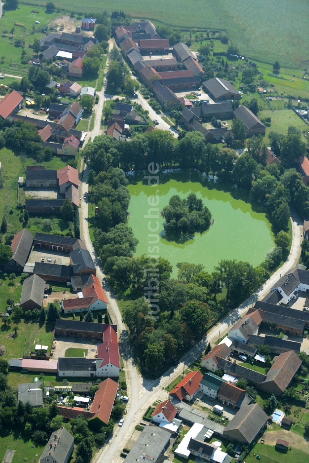Borgisdorf aus der Vogelperspektive: Teich im Dorfzentrum von Borgisdorf im Bundesland Brandenburg