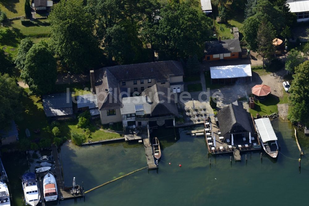 Altenhof, Schorfheide von oben - Tische und Sitzbänke der Freiluft- Gaststätten Alte-Fischerei am Ufer des Werbellinsee in Altenhof, Schorfheide im Bundesland Brandenburg