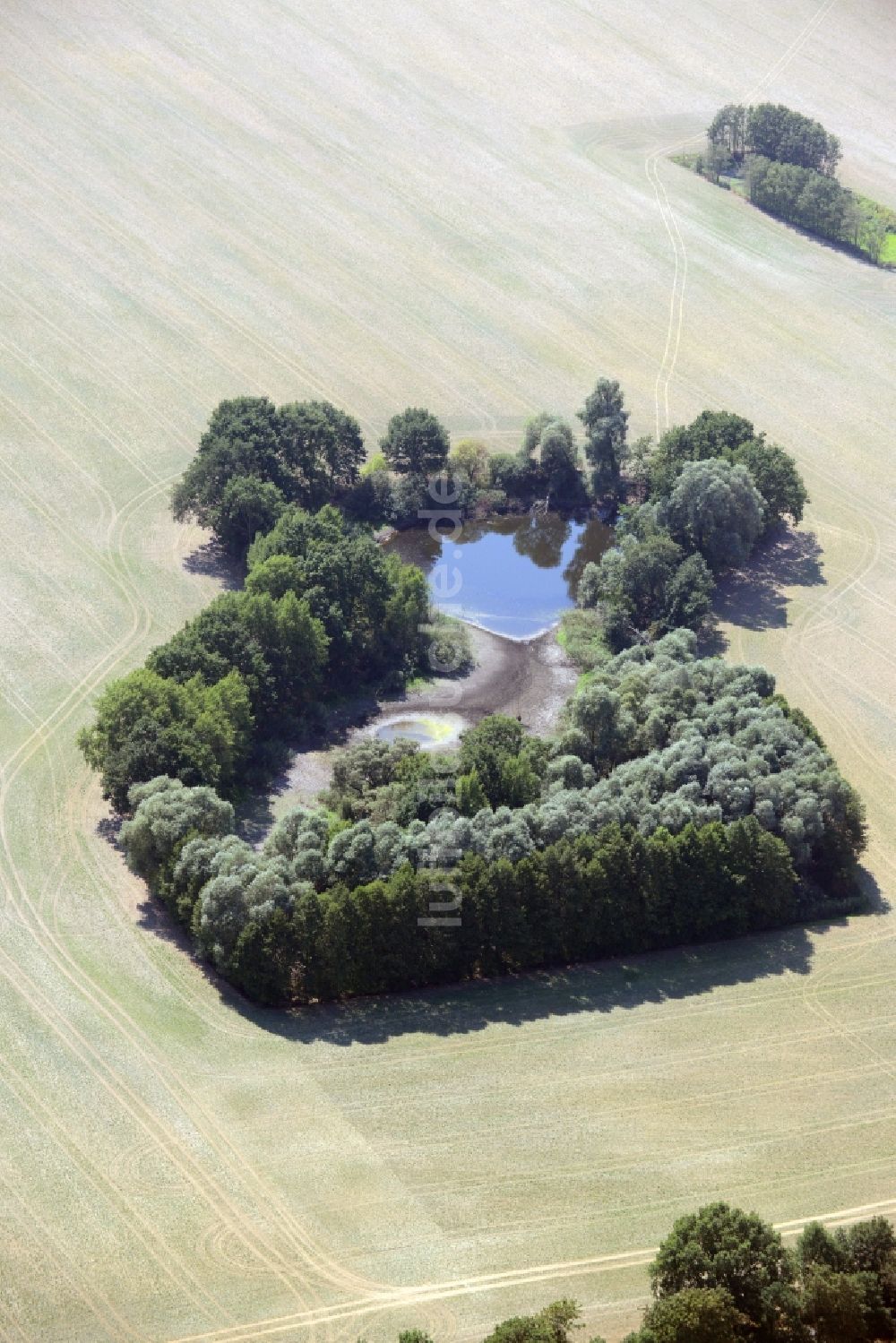 Lindendorf aus der Vogelperspektive: Tümpel Oasen auf abgeernteten landwirtschaftlichen Feldern in Lindendorf im Bundesland Brandenburg