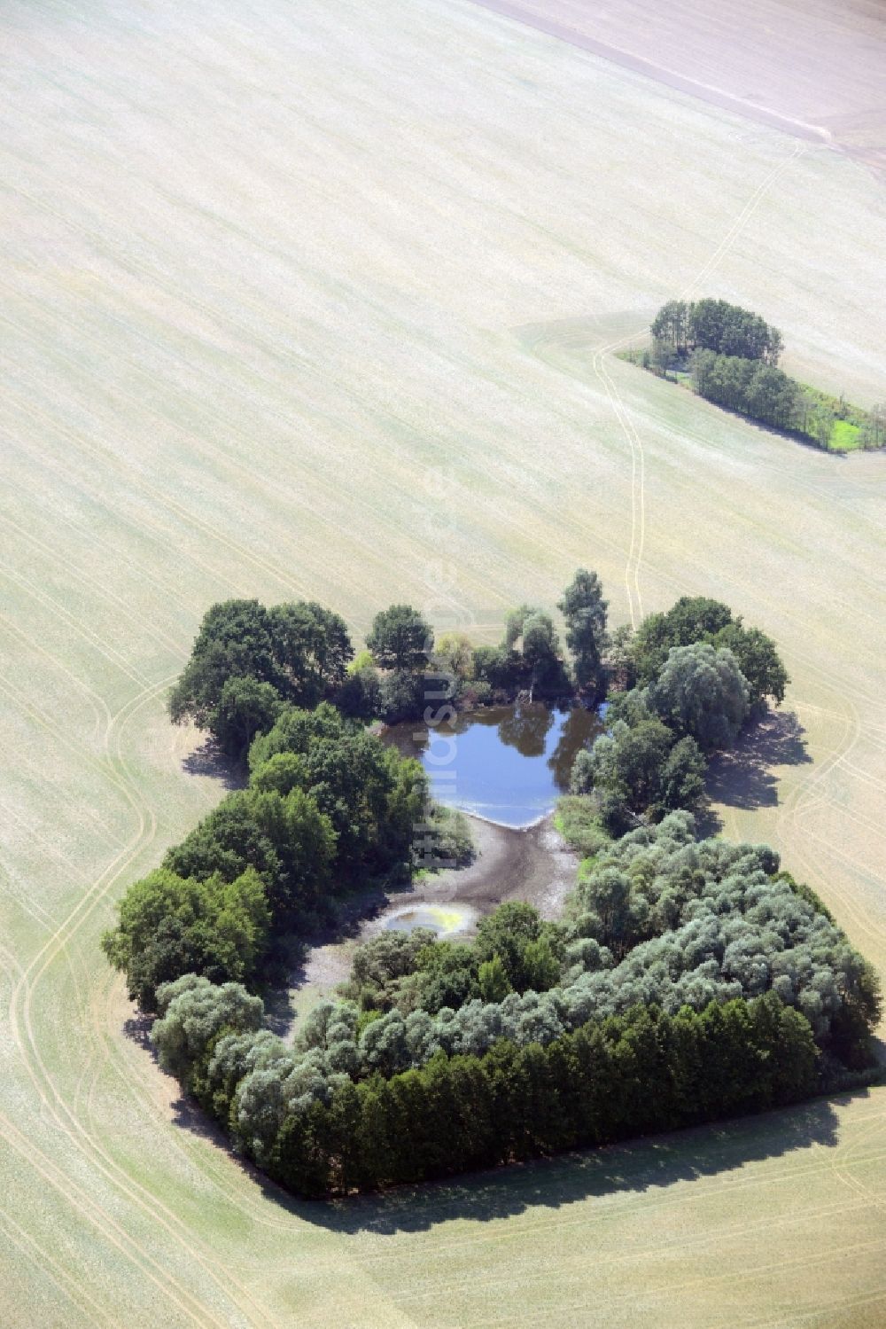 Lindendorf von oben - Tümpel Oasen auf abgeernteten landwirtschaftlichen Feldern in Lindendorf im Bundesland Brandenburg