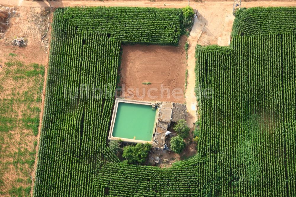 Manacor aus der Vogelperspektive: Traditionelles Wasser-Reservoir auf den Feldern Mallorcas bei Manacor auf der balearischen Mittelmeerinsel Mallorca, Spanien