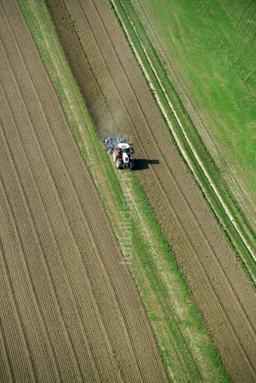 Luftaufnahme Laußig - Traktor und Mähdrescher auf landwirtschaftlichen Feldern in Laußig im Bundesland Sachsen