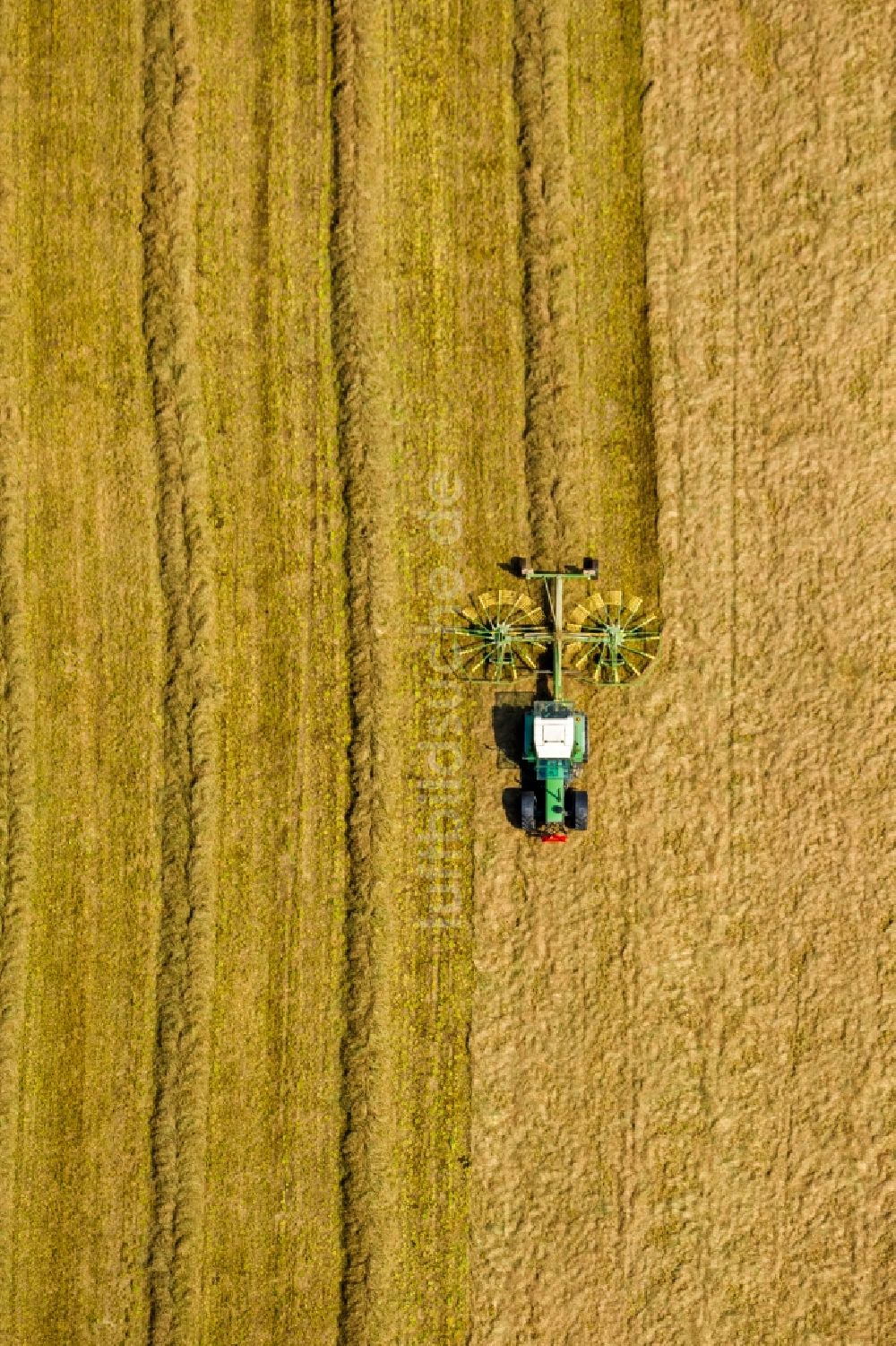 Sprockhövel aus der Vogelperspektive: Traktor mit Strohsammler und Getreide- Strohreihen auf einem abgeernteten Feld zur Kornernte bei Sprockhövel im Bundesland Nordrhein-Westfalen