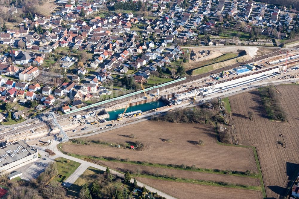 Rastatt aus der Vogelperspektive: Tunnelbaustelle Rastatter Tunnel im Streckennetz der Deutschen Bahn in Rastatt im Bundesland Baden-Württemberg, Deutschland