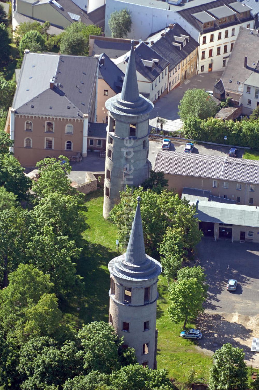 Schleiz aus der Vogelperspektive: Turmruinen in Schleiz