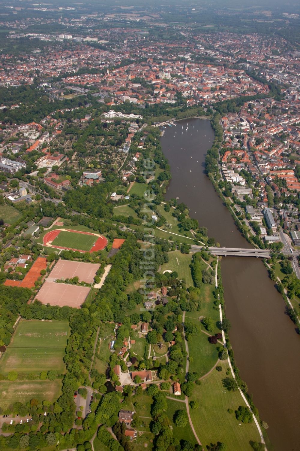 Luftaufnahme Münster - Ufer des Aasees in Münster im Bundesland Nordrhein-Westfalen