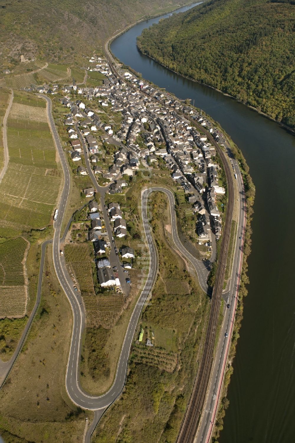 Cochem von oben - Ufer des Flußverlaufes der Mosel in Cochem im Bundesland Rheinland-Pfalz