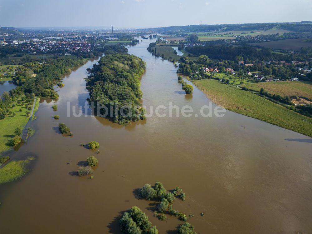 Luftaufnahme Scharfenberg - Uferbereiche bei Hochwasser am Flußverlauf der Elbe in Gauernitz im Bundesland Sachsen