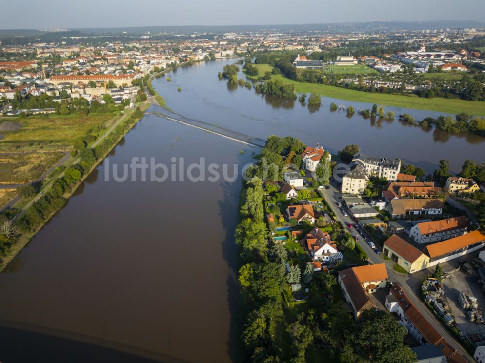 Luftbild Dresden - Uferbereiche mit durch Hochwasser- Pegel überflutetem Flußbett der Elbe in Dresden Übigau im Bundesland Sachsen, Deutschland