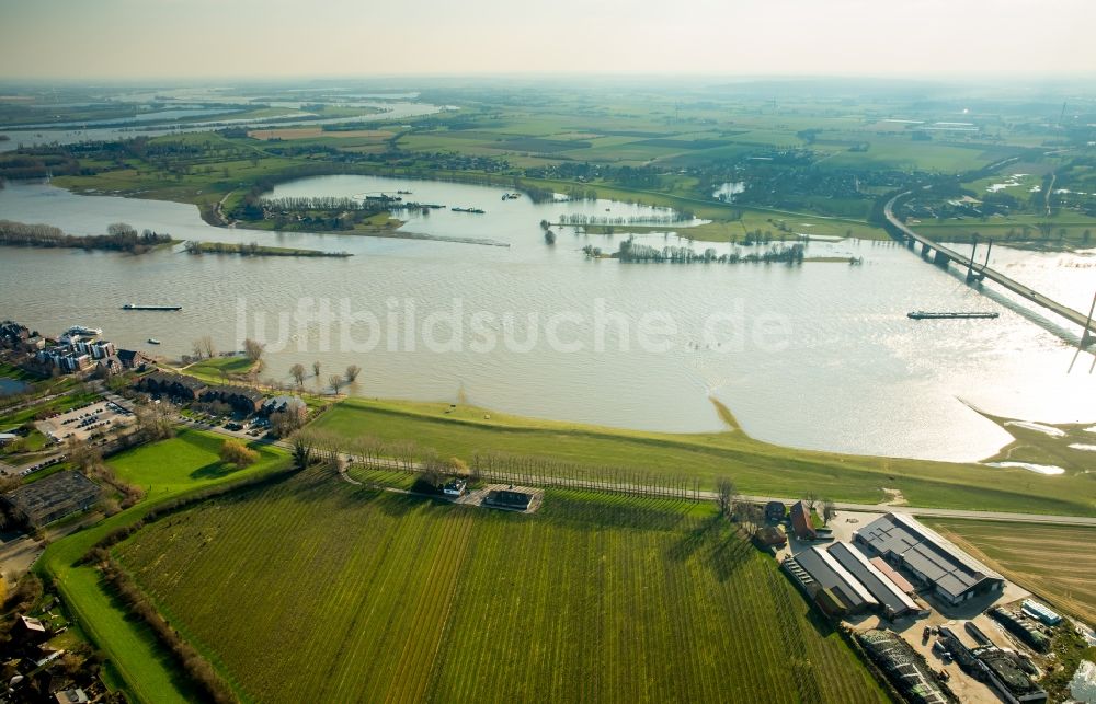 Rees von oben - Uferbereiche mit durch Hochwasser- Pegel überfluteten Flußbett des Rhein und der gefluteten Rhein Wiesen in Rees im Bundesland Nordrhein-Westfalen