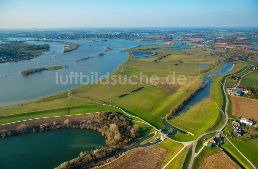 Luftaufnahme Rees - Uferbereiche mit durch Hochwasser- Pegel überfluteten Flußbett des Rhein in Rees im Bundesland Nordrhein-Westfalen