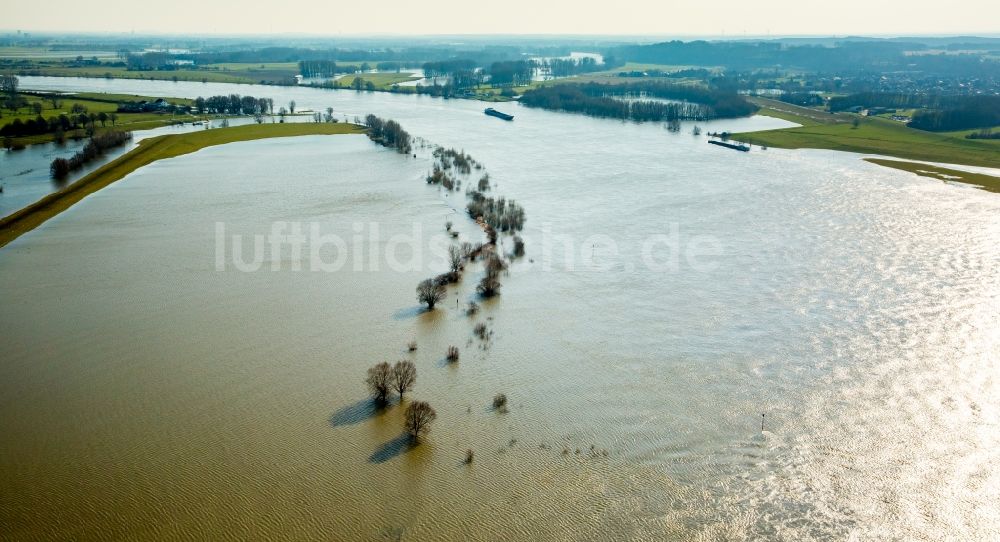 Wesel von oben - Uferbereiche mit durch Hochwasser- Pegel überfluteten Flußbett des Rhein in Wesel im Bundesland Nordrhein-Westfalen