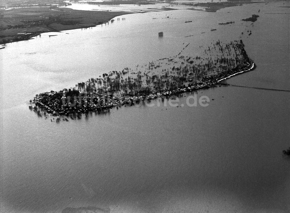 Wesel aus der Vogelperspektive: Uferbereiche mit durch Hochwasser- Pegel überfluteten Flußbett des Rhein in Wesel im Bundesland Nordrhein-Westfalen, Deutschland