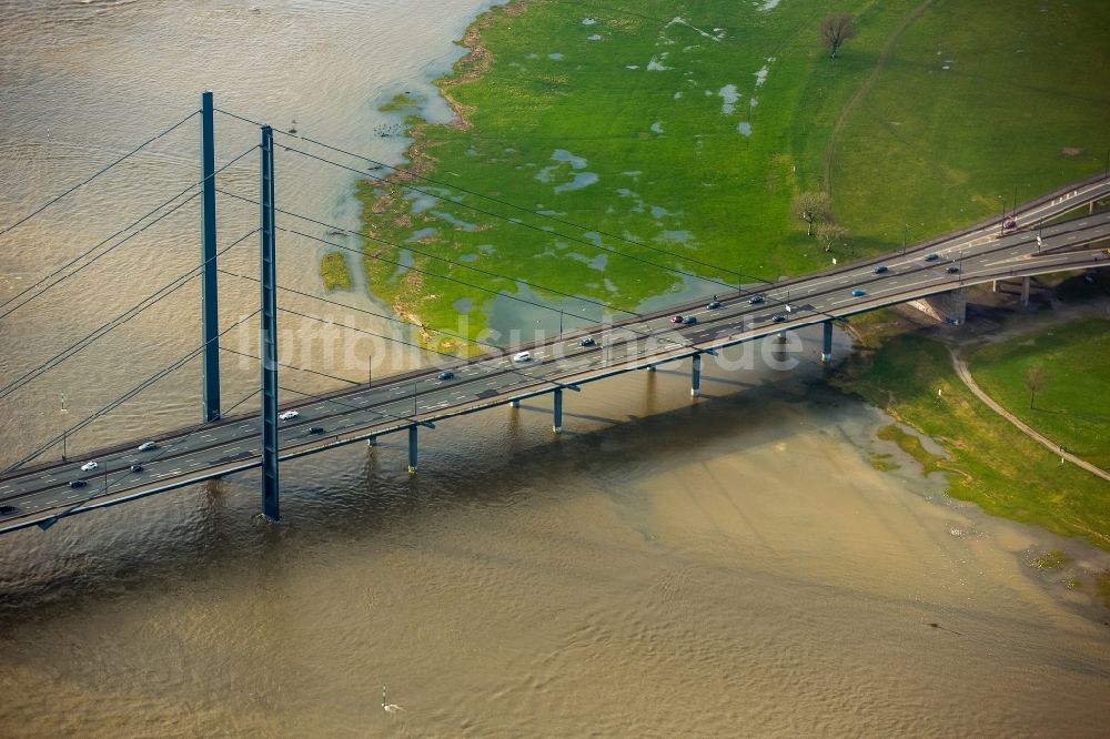 Düsseldorf von oben - Uferbereiche mit durch Hochwasser- Pegel überfluteten Flußbett an der Rheinkniebrücke des Rhein in Düsseldorf im Bundesland Nordrhein-Westfalen