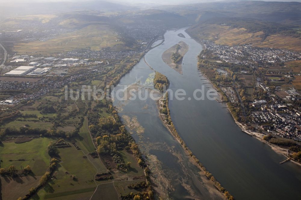 Geisenheim von oben - Uferbereiche mit durch Niedrig- Wasser- Pegel freigelegtem Flußbett im Rhein in Geisenheim im Bundesland Rheinland-Pfalz, Deutschland