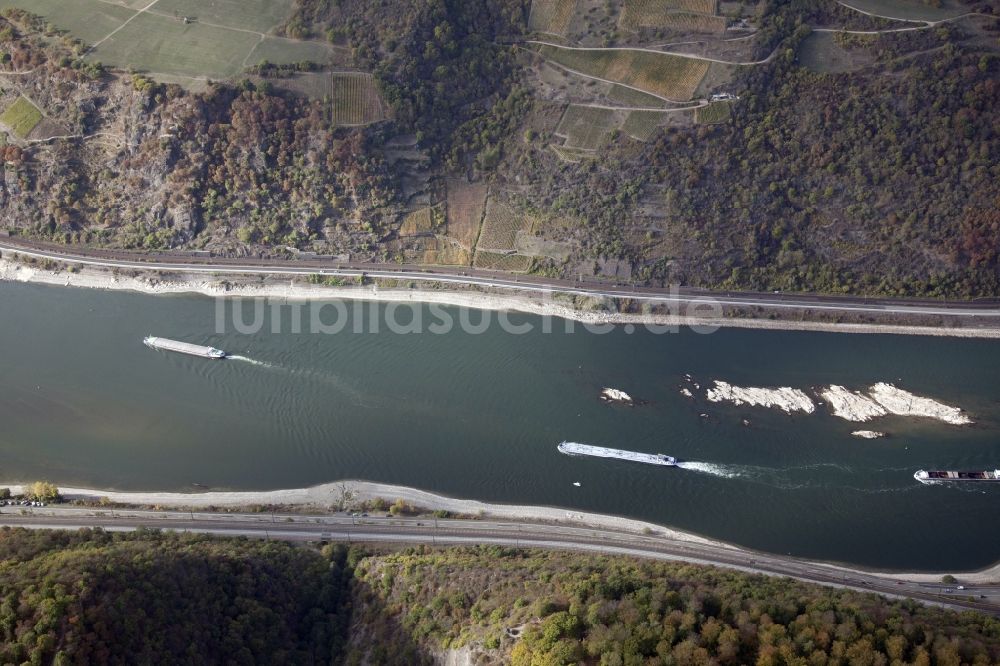 Luftbild Kaub - Uferbereiche mit durch Niedrig- Wasser- Pegel freigelegtem Flußbett im Rhein in Kaub im Bundesland Rheinland-Pfalz, Deutschland