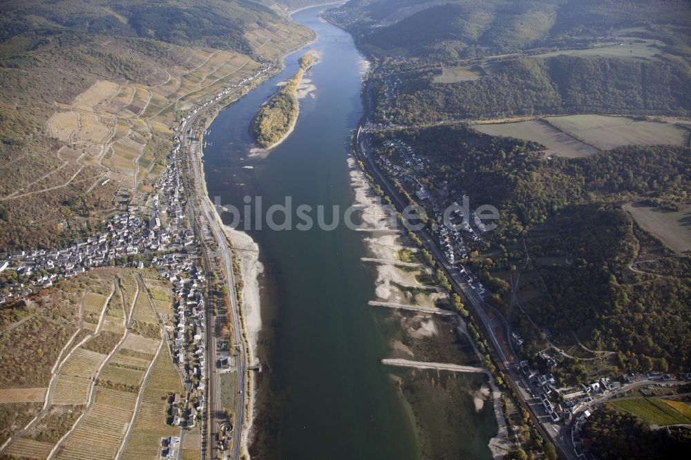 Luftbild Lorch - Uferbereiche mit durch Niedrig- Wasser- Pegel freigelegtem Flußbett im Rhein in Lorch im Bundesland Hessen, Deutschland