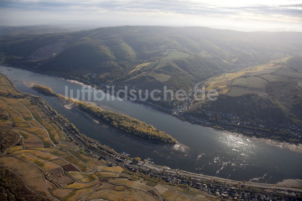 Luftbild Lorch - Uferbereiche mit durch Niedrig- Wasser- Pegel freigelegtem Flußbett im Rhein in Lorch im Bundesland Hessen, Deutschland