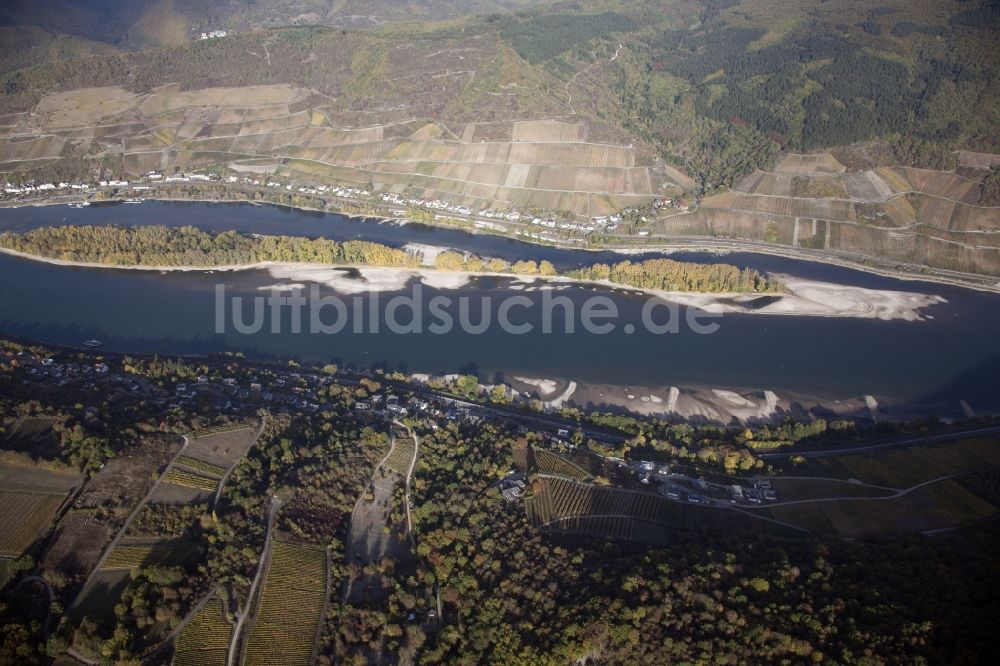 Lorch von oben - Uferbereiche mit durch Niedrig- Wasser- Pegel freigelegtem Flußbett im Rhein in Lorch im Bundesland Hessen, Deutschland