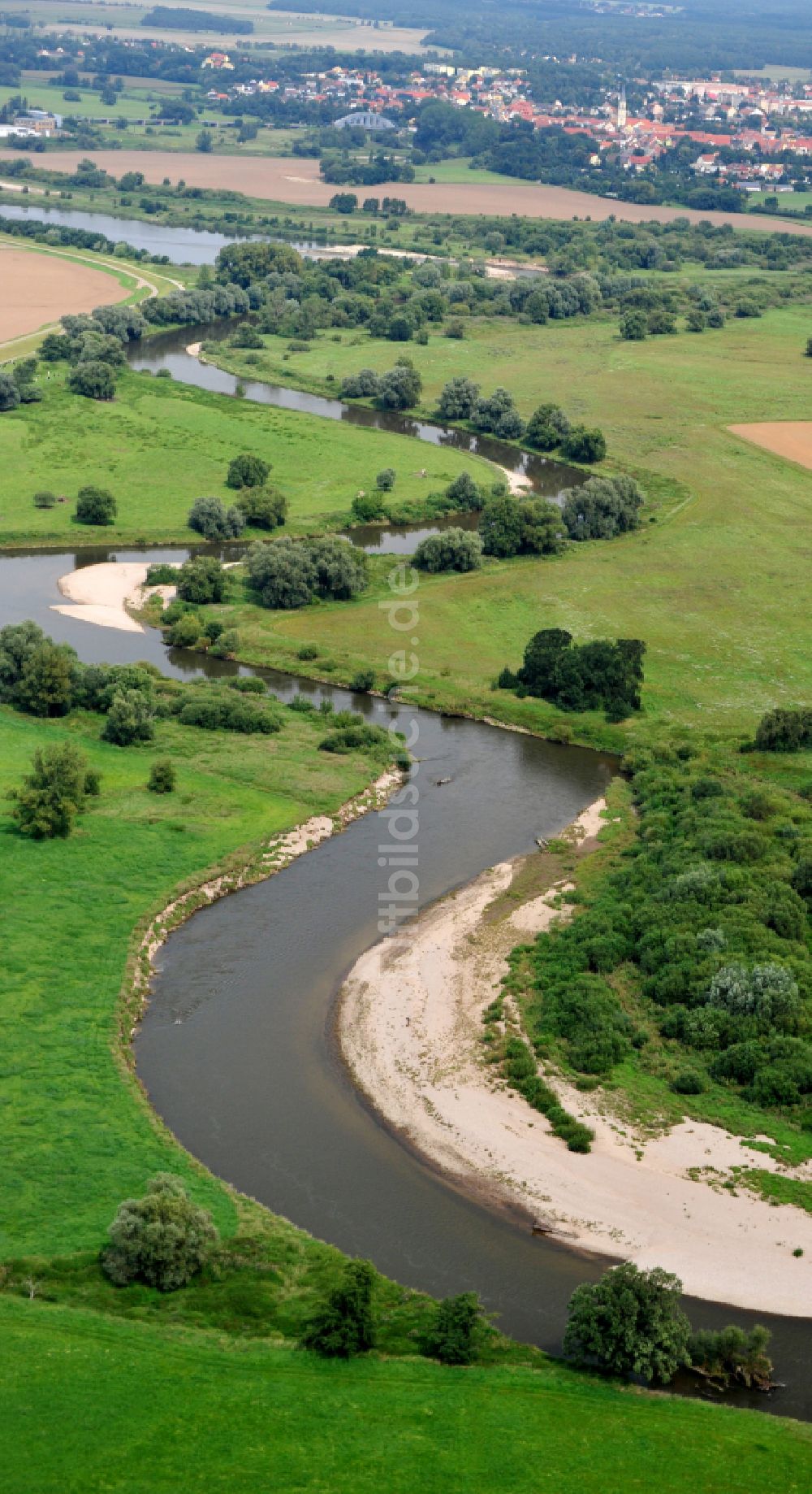 Luftbild Bad Düben - Uferbereiche mit durch Niedrig- Wasser- Pegel freigelegten Flußbett der Mulde in Bad Düben im Bundesland Sachsen, Deutschland