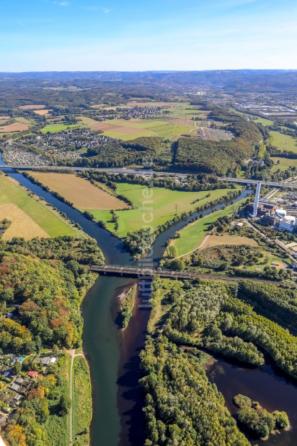 Luftbild Hagen - Uferbereiche entlang der Fluß- Mündung der Lenne in die Ruhr in Hagen im Bundesland Nordrhein-Westfalen, Deutschland