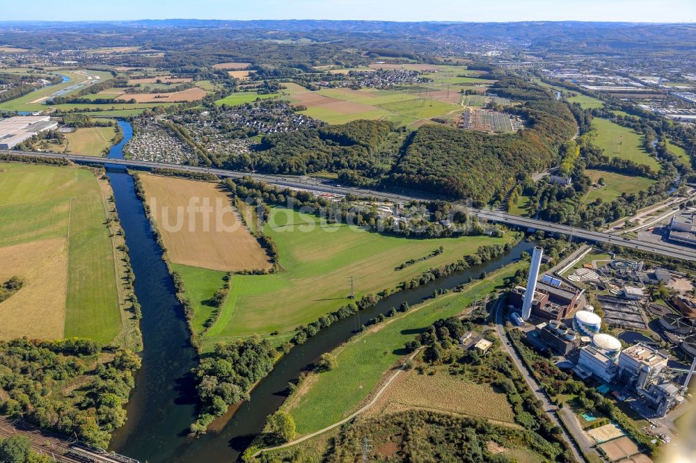 Hagen von oben - Uferbereiche entlang der Fluß- Mündung der Lenne in die Ruhr in Hagen im Bundesland Nordrhein-Westfalen, Deutschland