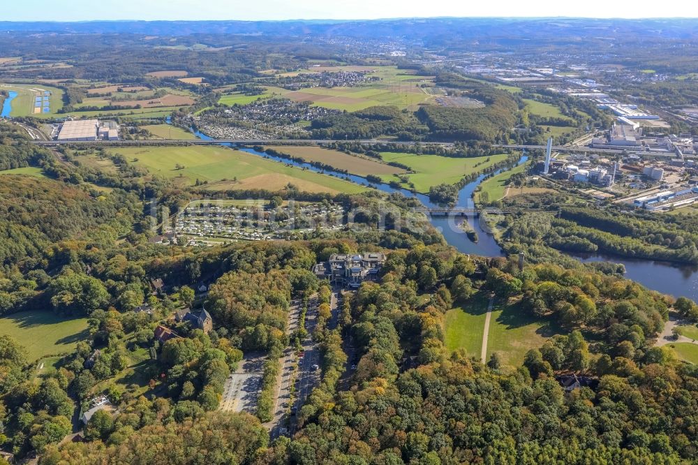 Hagen von oben - Uferbereiche entlang der Fluß- Mündung der Lenne in die Ruhr in Hagen im Bundesland Nordrhein-Westfalen, Deutschland