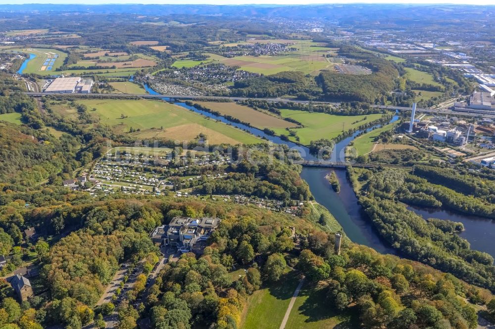 Hagen aus der Vogelperspektive: Uferbereiche entlang der Fluß- Mündung der Lenne in die Ruhr in Hagen im Bundesland Nordrhein-Westfalen, Deutschland