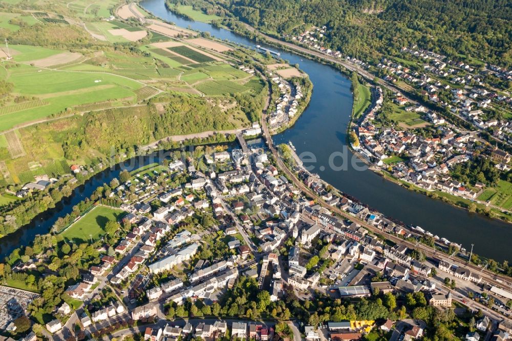 Luftbild Wasserbillig - Uferbereiche entlang der Fluß- Mündung der Sauer in die Mosel in Wasserbillig in Grevenmacher, Luxemburg