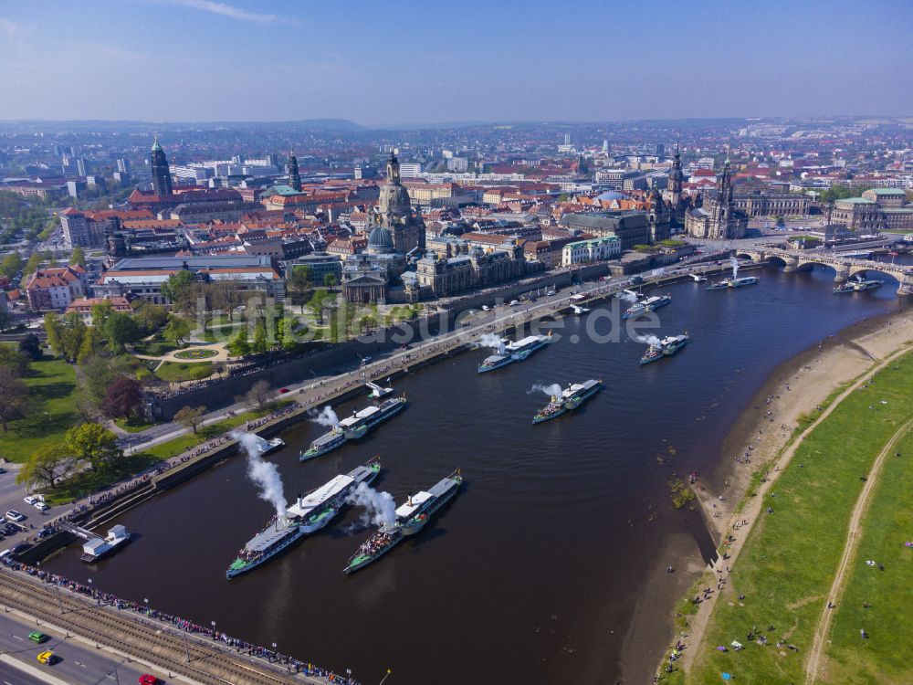 Luftaufnahme Dresden - Uferbereiche am Flußverlauf der Elbe mit Flottenparade historischer Schaufelraddampfer in Dresden im Bundesland Sachsen, Deutschland