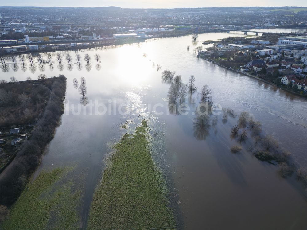 Dresden von oben - Uferbereiche am Flußverlauf der Elbe im Ortsteil Mickten in Dresden im Bundesland Sachsen, Deutschland