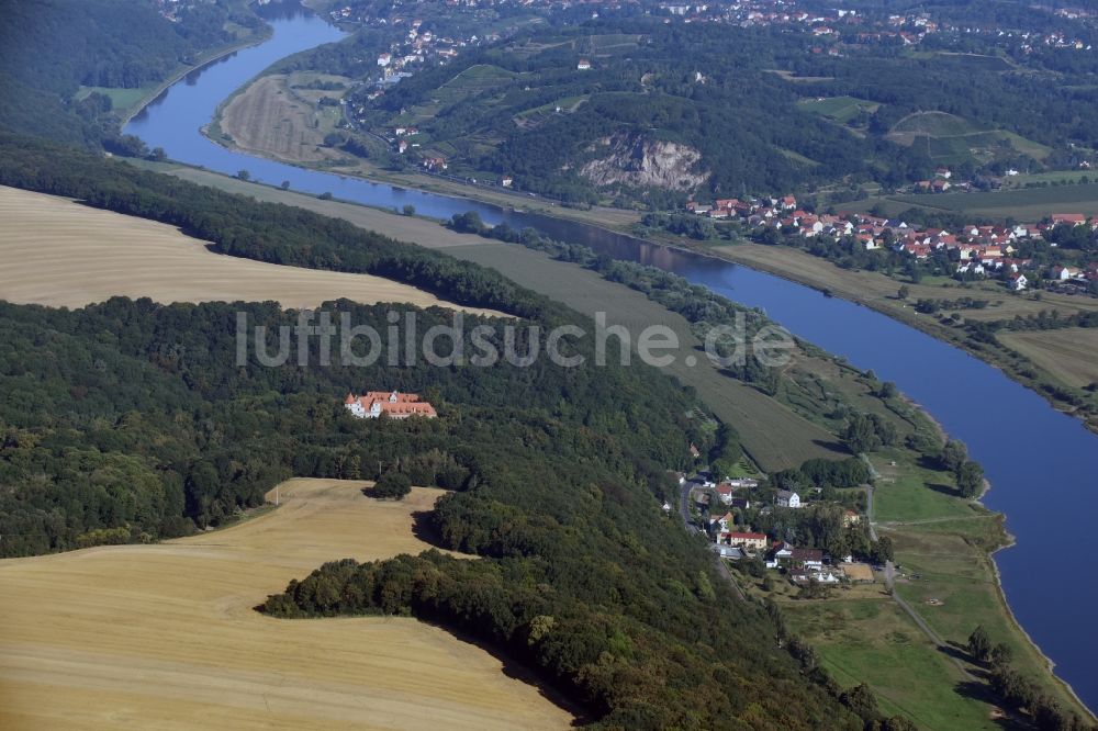 Scharfenberg von oben - Uferbereiche am Flußverlauf der Elbe in Scharfenberg im Bundesland Sachsen