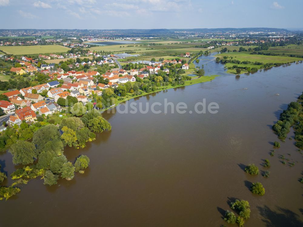 Scharfenberg von oben - Uferbereiche am Flußverlauf der Elbe in Sörnewitz im Bundesland Sachsen