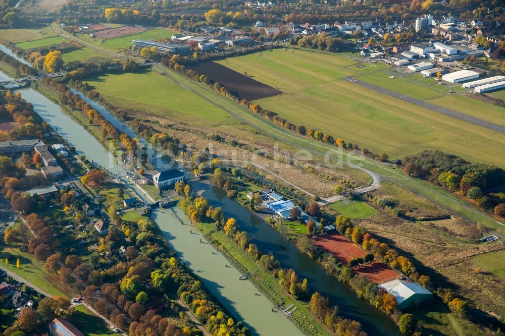 Hamm aus der Vogelperspektive: Uferbereiche am Flußverlauf Lippe und Datteln-Hamm-Kanal in Hamm im Bundesland Nordrhein-Westfalen