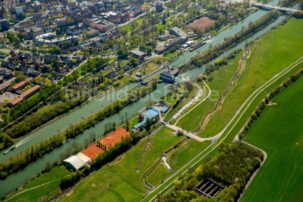 Hamm aus der Vogelperspektive: Uferbereiche am Flußverlauf der Lippe mit Fischaufstieg in Hamm im Bundesland Nordrhein-Westfalen