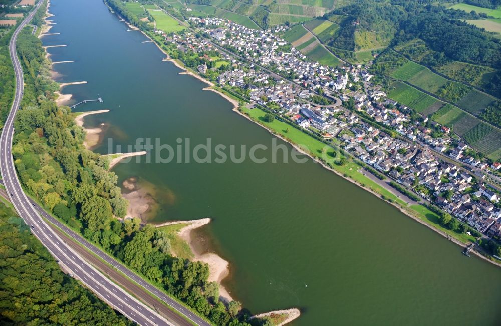 Luftaufnahme Leutesdorf - Uferbereiche am Flußverlauf des Rhein in Leutesdorf im Bundesland Rheinland-Pfalz, Deutschland